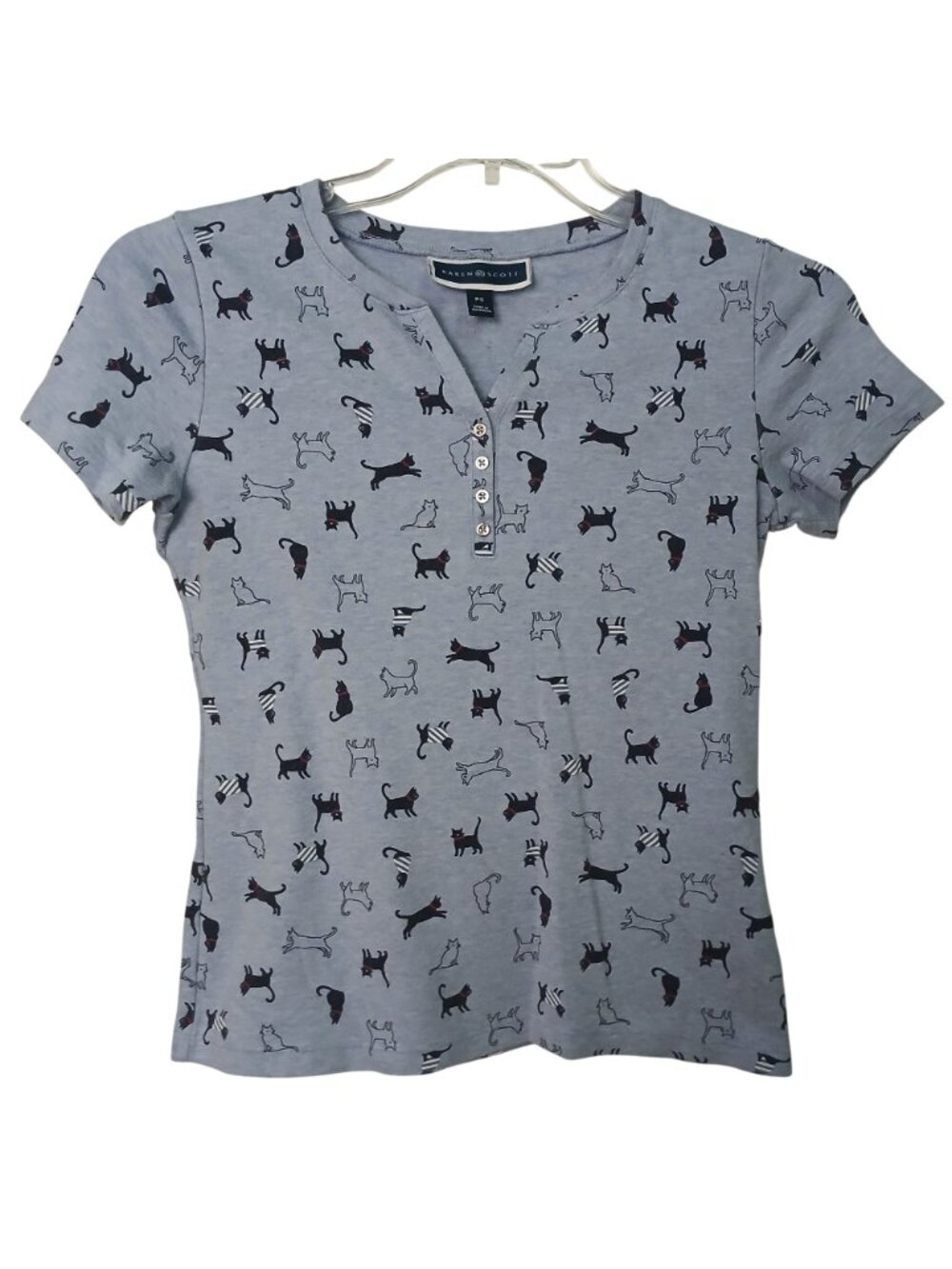 Karen Scott PS Cat Print Henley TShirt Blue Cotton Blend Short Sleeve #I-9 - Picture 6 of 7